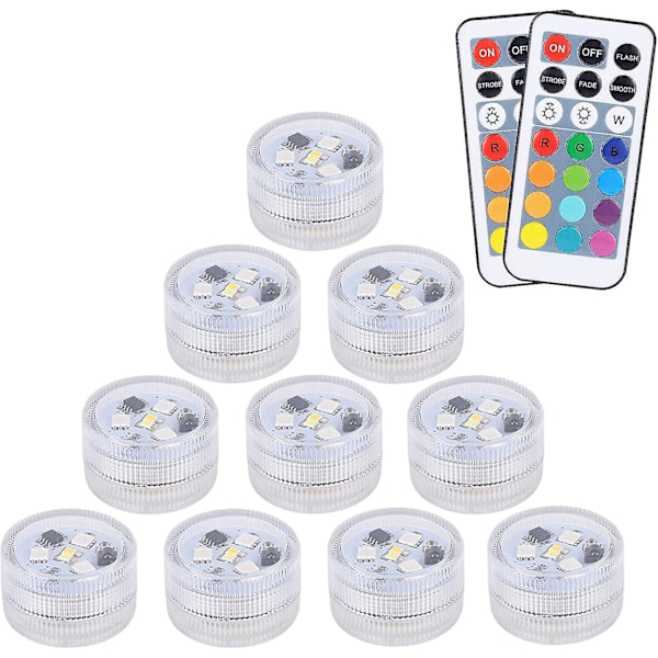 10 st Mini Nedsänkbara LED-lampor, Aled-lampor Vattentäta RGB Flerfärgade LED-lampor med 2 Fjärrkontroller för Pool