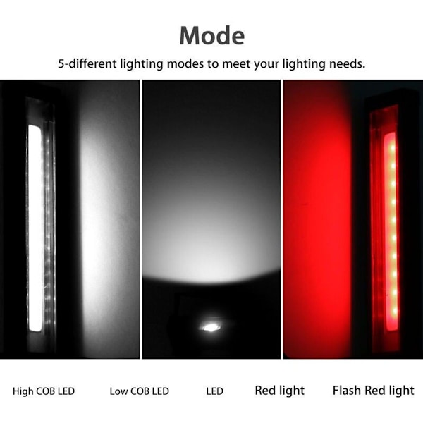 Genopladelig magnetisk COB + LED lommelygte, fleksibel inspektionslampe