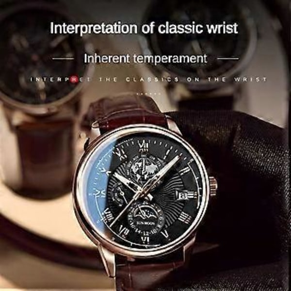Ekte Lærreim Vanntett Selvlysende Herreklokke Lær Quartz Armbåndsur Luksus Herreklokker ~(Sølvfarget Skall Hvite Tall)