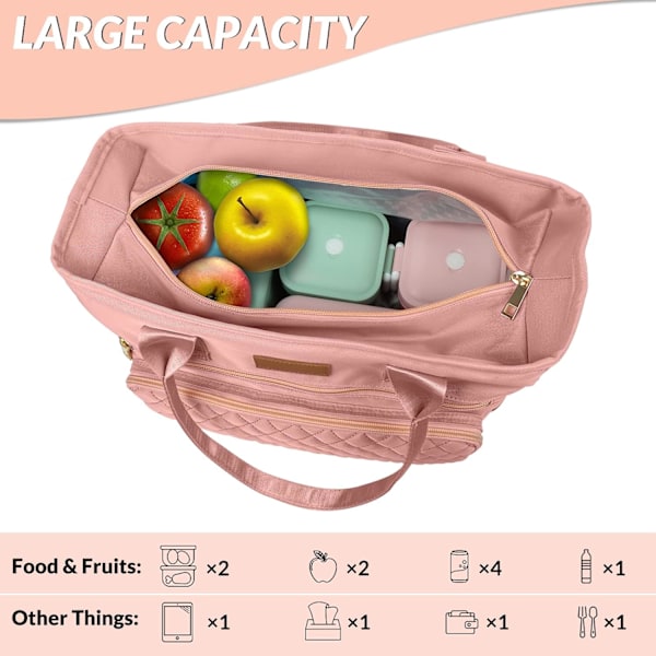 Stor lunsjveske for kvinner - Isolert, slitesterk nylonveske med oppbevaringslomme, 33 cm L x 16 cm B x 28,7 cm H, Rosa Pink