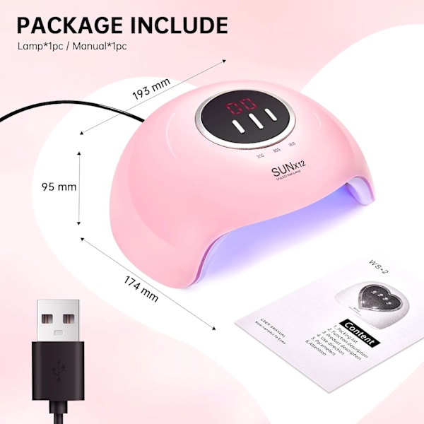 UV LED Nagellampa 54W Nageltork Gel Polish Lampa 3 Timerinställningar Professionell Snabb Torkning Härdningslampa med Display Auto Sensor, Rosa