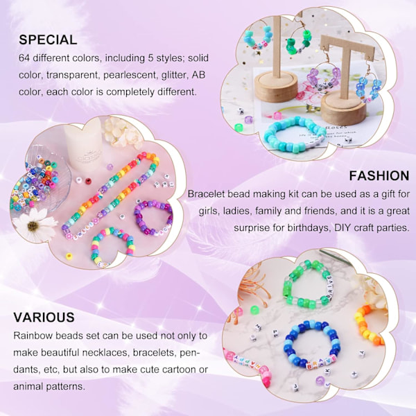 2350 stk., 64 farver, ponyperler til armbånd og halskæder, regnbuefarvede hobbyperler og elastiske snore, bogstavperlesæt til G Silve Silve Silver 64 colors