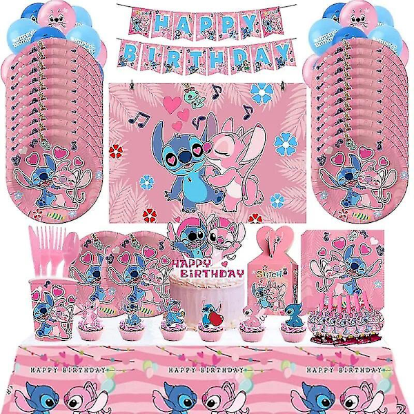 Vaaleanpunainen Stitch -syntymäpäiväjuhlakoriste Lilo ja Stitch -teemaiset astiat Enkeli-ilmapallot Lautaset Kupit Tarvikkeet Lapsille Tytöille Korkealaatuiset