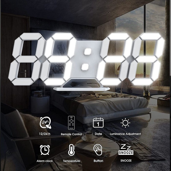 3D Väckarklocka LED Väggklocka Digital Dimbar Tyst Snooze