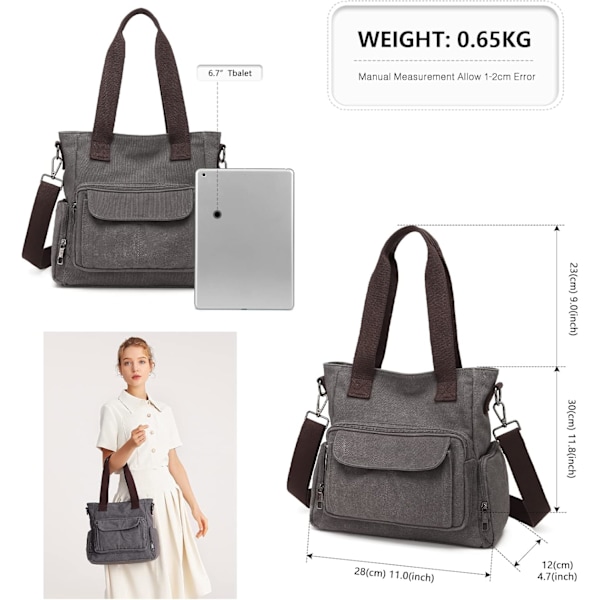 Canvas Tote Bag Skulderveske Crossbody Bag Liten Håndveske Multi-lomme Topphåndtak Arbeidsvesker for Kvinner {GKS}