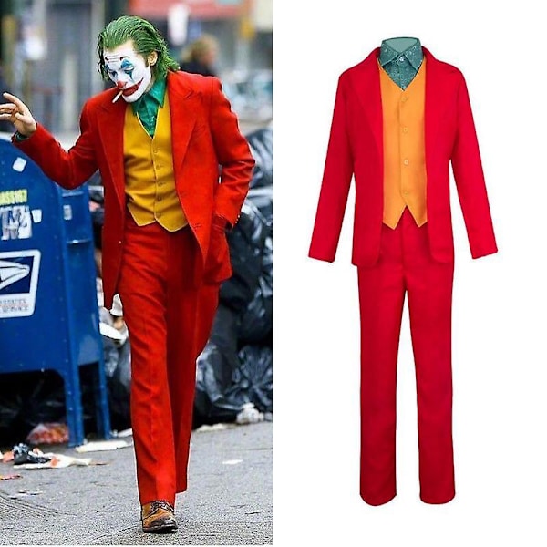 Clown Joker Kostym Röd Kostym Jacka Byxor Skjorta Outfits Halloween Kostymer För Barn Män Karneval Maskerad Fest Joker Cosplay Kostym och Mask Suit and Mask Adults L