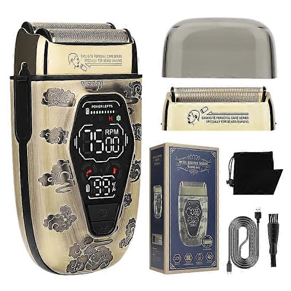 Barbermaskin for menn, for skallet hode, digitalt display, elektrisk frem- og tilbakegående barbermaskin, tre hastigheter, full metallkropp, LCD-strømdisplay, dobbel netting frem- og tilbakegående