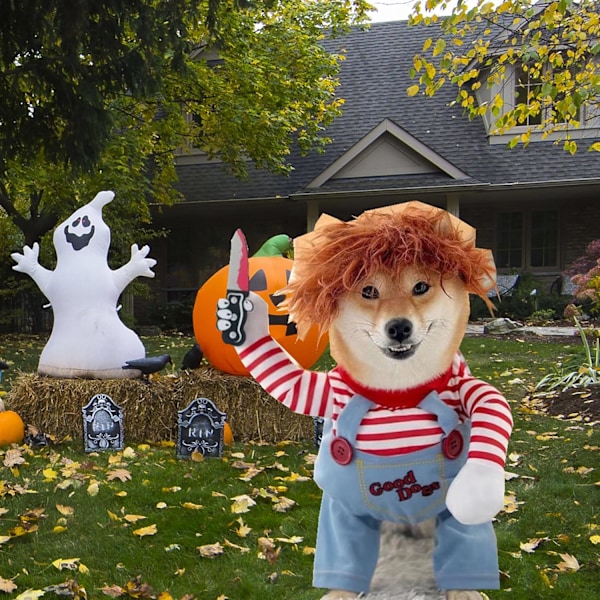 Dödlig docka hundkostym, Chucky hund cosplay rolig Halloween jul hundkostym festdräkt passar små medelstora stora hundar (M: Bröst 21\" - 27\")