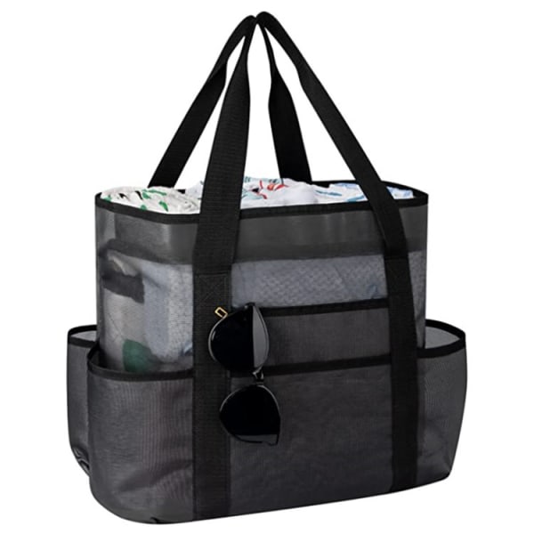 Strandväska, strandväska med 9- mesh , bärbar resväska Sandtät leksaksväska, svart