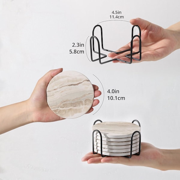 LIFVER Underlagsett med 6, Underlag for Drikke Absorberende Stein med Holder, Svart Marmor Stil Keramisk Drikkeunderlag  KaffeBord Dekor