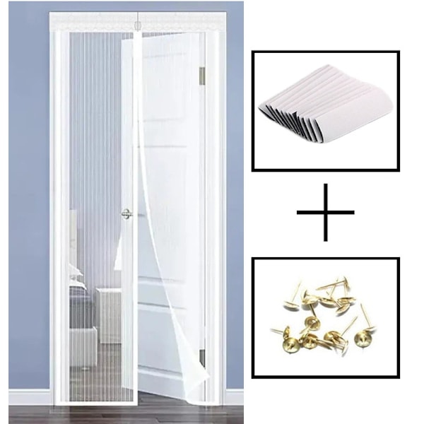 Myggsikker dørgardin med magnetisk borrelås uten boring, selvlukkende magnetisk myggnett, selvklebende hvit white 110*210cm