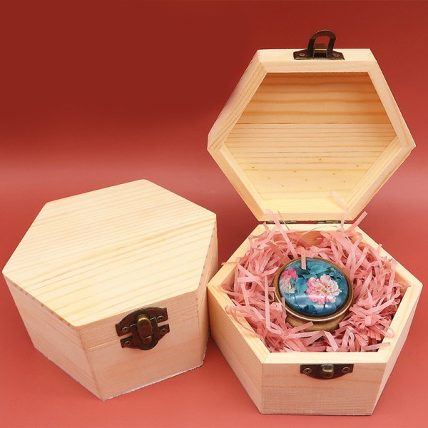 Hexagonal formad träförvaringslåda Smycken Bröllopspresentförpackning Je