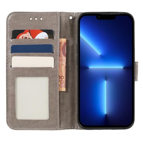 iPhone 17 Lærveske med Blondeblomster og Preget Design Grå