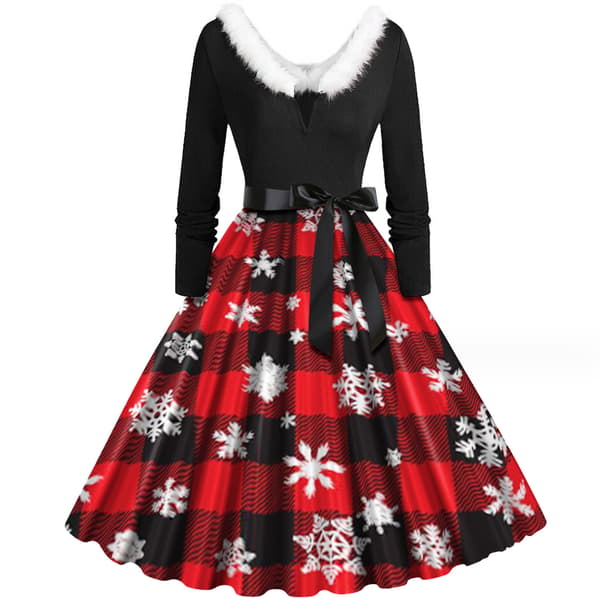 Julklänning för kvinnor med V-ringning, Vintage Print, Lång Stil2 Style2 S