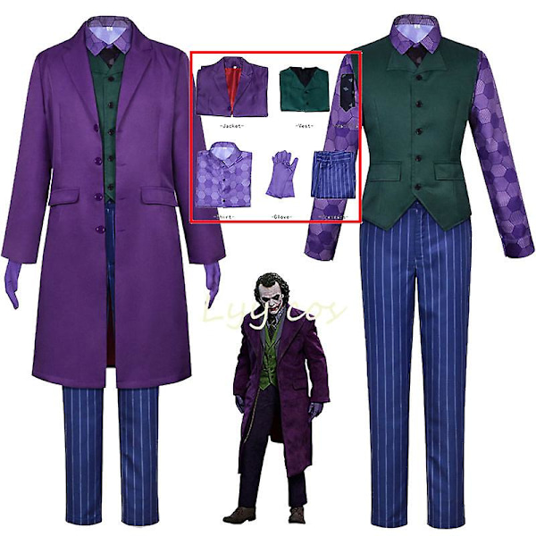 Heath Ledger Cosplay-dräkt Film The Dark Knight Joker Kostym Lila Jacka Full Set Halloween Clown Trenchcoat Cos L