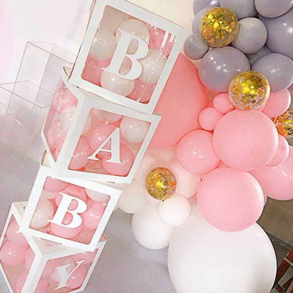 Baby Shower Boxar Festdekorationer – 4 st Transparenta Ballongboxar Dekor med Bokstäver, Individuella BABY Block Design för Pojkar