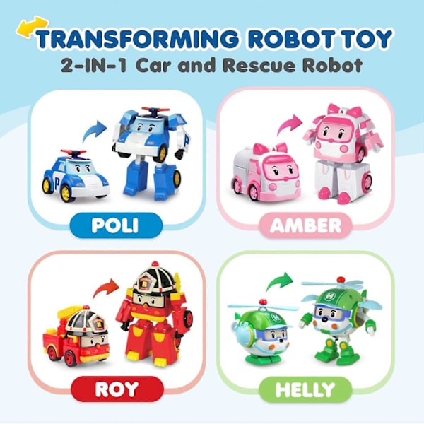 SBSG Robocar Poli 4-pack Poli + Amber + Roy + Helly Transformerande Robotleksaker, 10 cm Transformerande