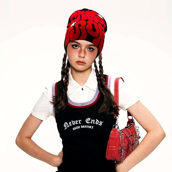 Unisex Beanie Y2K Bokstavmønster - Unisex Stretch Mesh Strikket Beanie Varm Vinter Løs Mønstret Strikket Beanie