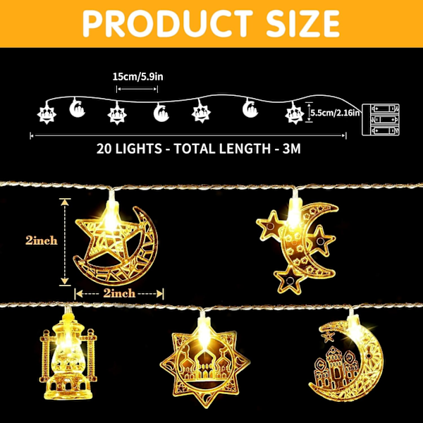 LED Ramadan -valosarja (20 LED) - 3m koristeelliset valot Eid Mubarakille, kotiin ja puutarhaan types of warm colors