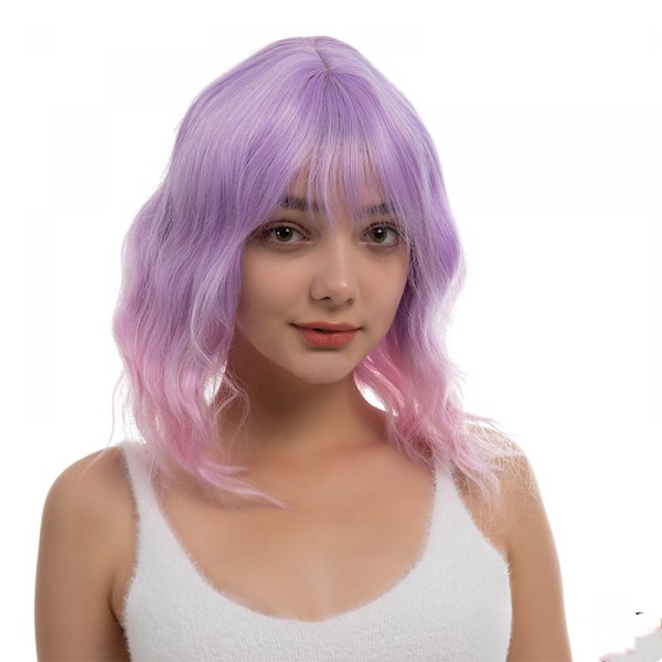 Pink og lilla gradient paryk med pandehår syntetisk cosplay paryk til pige skulderlang paryk til kvinder kostume parykker