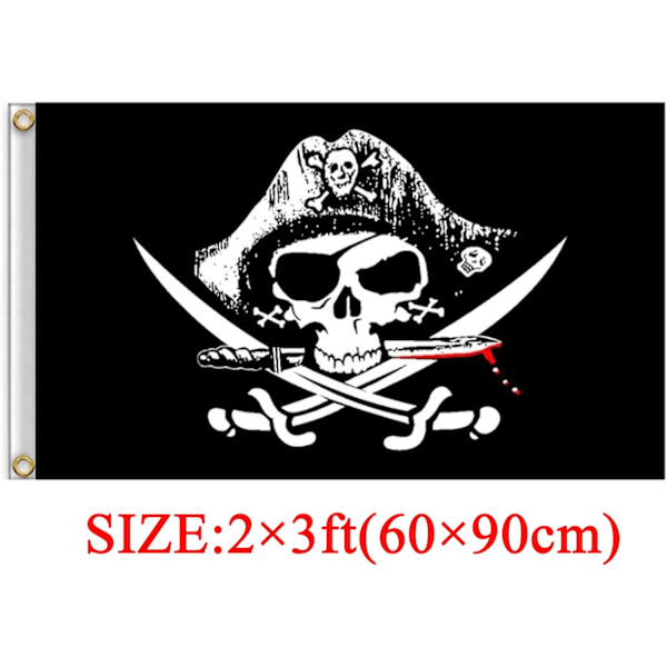 60 x 90 cm Set med 2 piratflaggor Dödskalle (röd halsduk) och korsade svärd