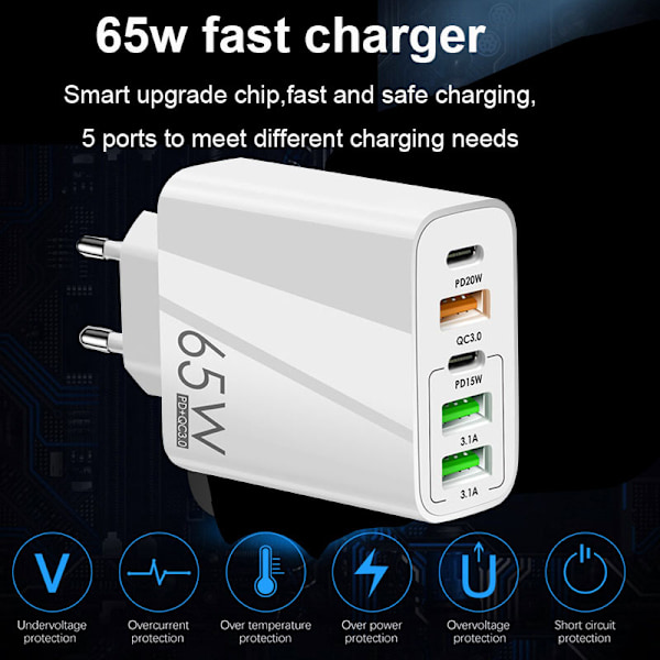 65W PD-lader USB smartphone opladeradapter med type-C PD+3USB telefonoplader og strøm white