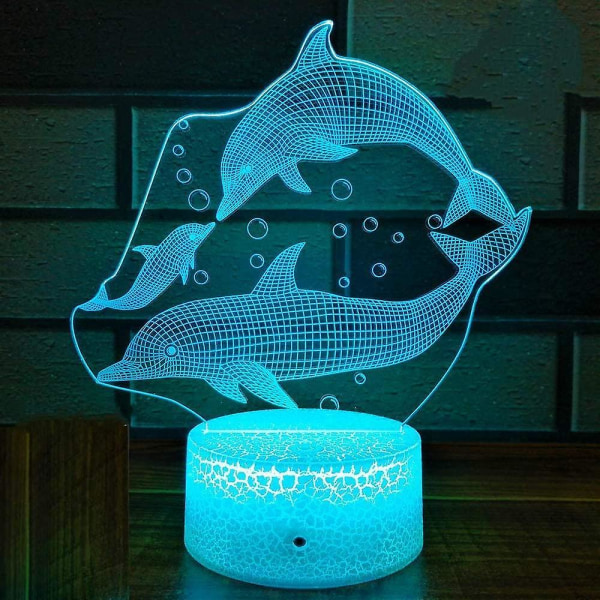 3D-delfiinin muotoinen yövalo 7 väriä vaihtava LED-pöytälamppu akryyli tasainen ABS-pohja USB-laturi koti syntymäpäivä joulu lapsi lahja