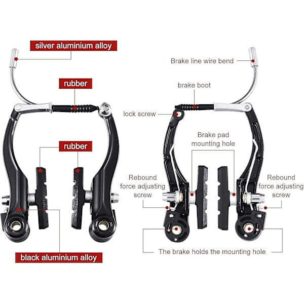 Komplett cykelbromssats, svarta främre och bakre cykel MTB hybridbroms inner- och ytterkablar och handtag