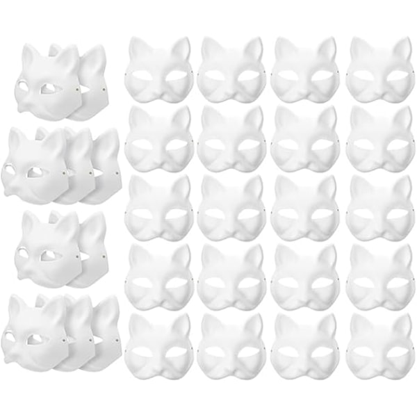 30 stk. Hvid katte maske Hvid ræv masker Dyr halv ansigtsmaske Maske papir Umalet tom DIY Halloween maske til maskerade Cosplay fest [L] 30 pcs