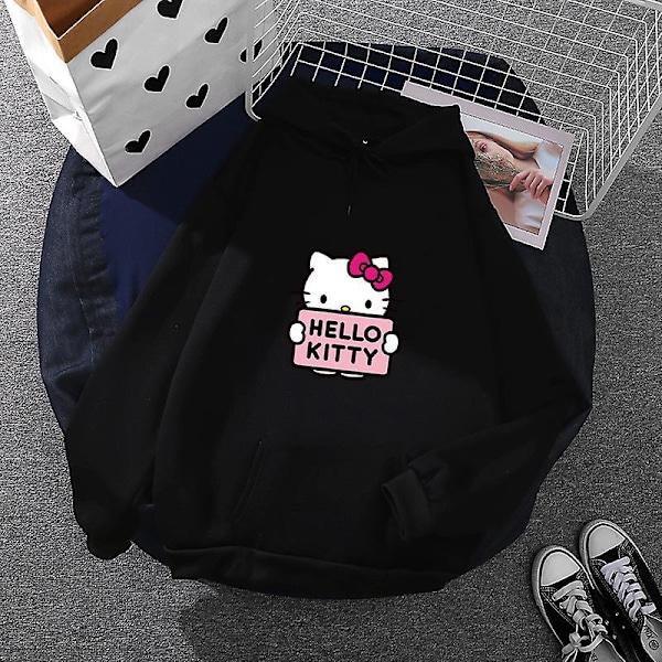 Cartoon Sanrio Hello-kitty söt hoodie för kvinnor koreanska flickor mode tröja vår och höst modell kläder casual långärmad MM M black