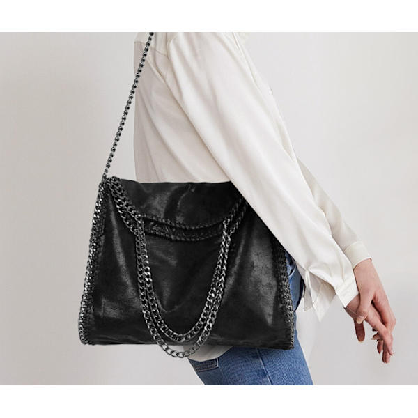 Sommarmode damväska, axelväska med kæde, stor kapacitet modepung, afslappet crossbody blød taske sammenklappelig dametaske black