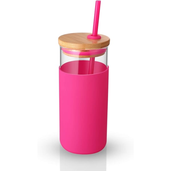 tronco 20oz glasglas glas vattenflaska halm silikon skyddshylsa bambu lock - BPA fri (röd)