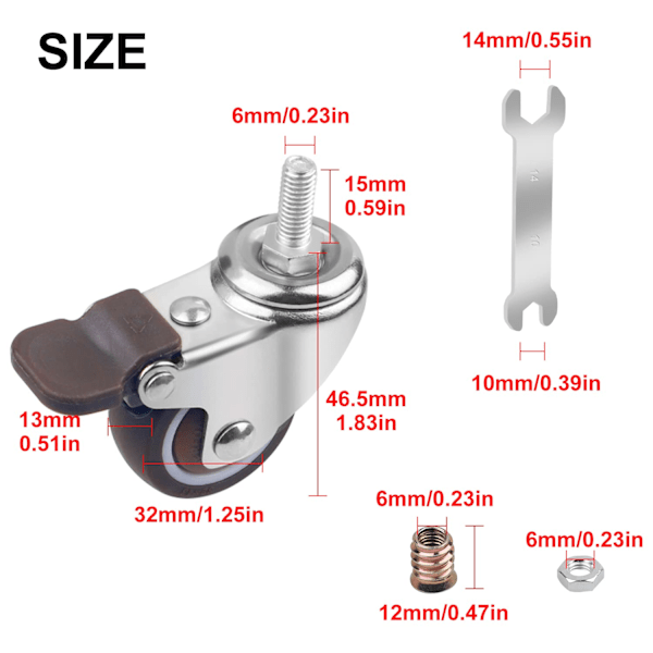 32 mm transportrullar med TPE-broms, perfekta för små möbelenheter 32 mm