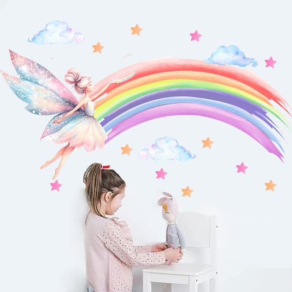 Tecknad älvflicka regnbåge väggdekal flickrum molnälva vägg Multicolor
