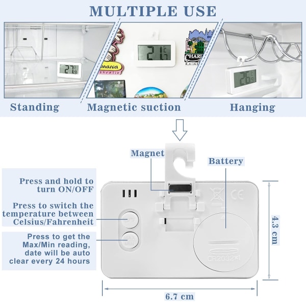 Digital kyl- och fryskylskåpstermometer, 2-pack vattentät kyl- och fryskylskåpstermometer med lättläst LCD-display (vit-2)