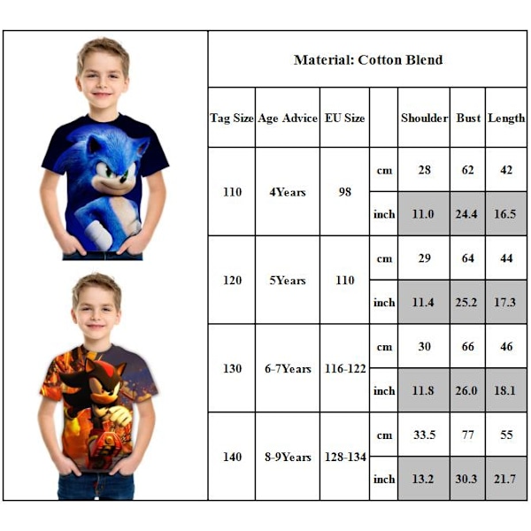 Sonic The Hedgehog Casual Børns Drenge Kortærmet Sommer T-Shirt AA A 110 cm