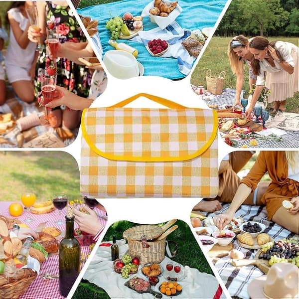 Picnic Tæppe, Foldbart, Ternet, 200x200cm, Udendørs, Gul