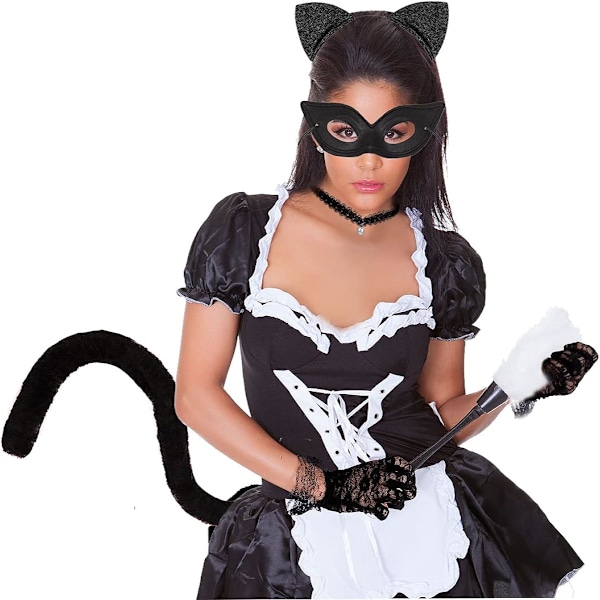 Svart kattdräkt med kattöron, svans och mask för kvinnor