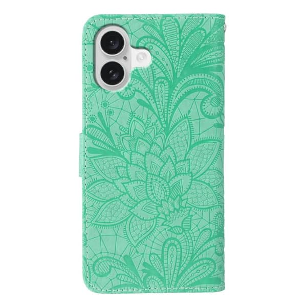 iPhone 17 Läderfodral med Spetsblommor och Präglad Design Grön