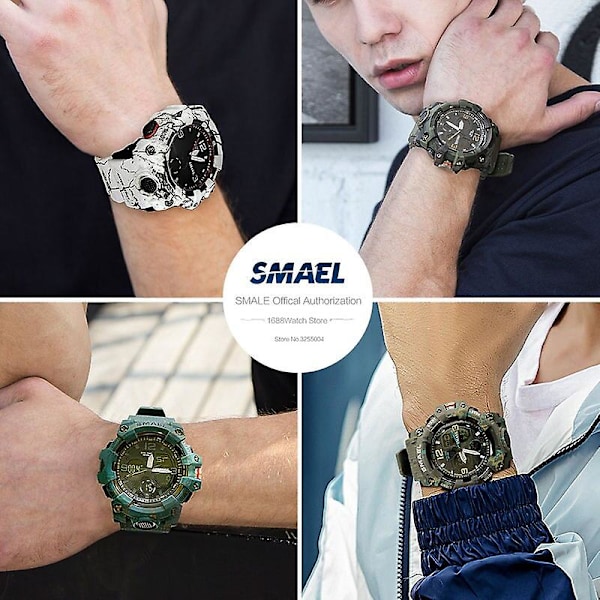 Smael Kaksoisaika Kello Miehille Muoti Vedenpitävä Kvartsidigitaalinen Rannekello Herätyskello Led Taustavalo Kalenteri Kellot 8008 Camo Gray-Box