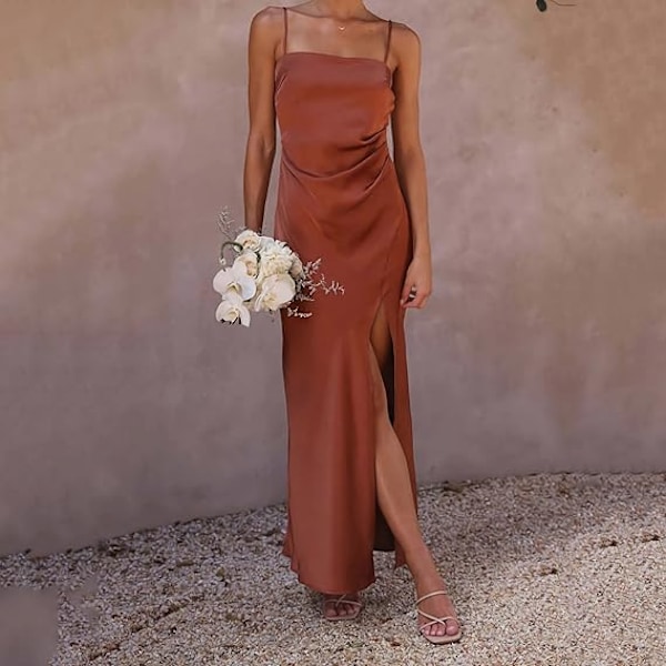 Satin Maxi-kjole for kvinner - Ribbet sideslits - Mesh én skulder - Festlig cocktail - Off Shoulder light yellow XL