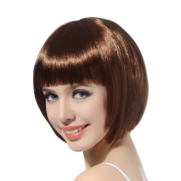 Brun kort bob cosplay flapper paryk - syntetisk kostume dame naturligt look Halloween fest jul pandehår parykker