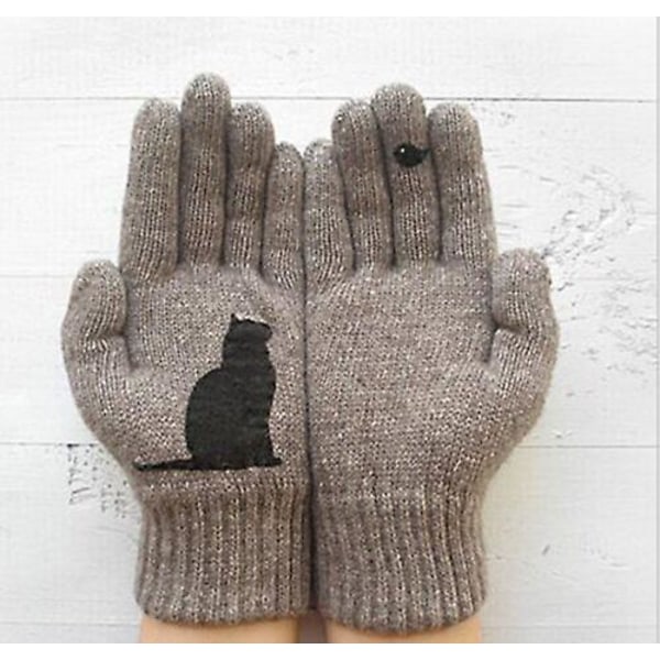 Dam Woolen Handskar Höst och vinter Utomhus varm katt utskrift handskar khaki