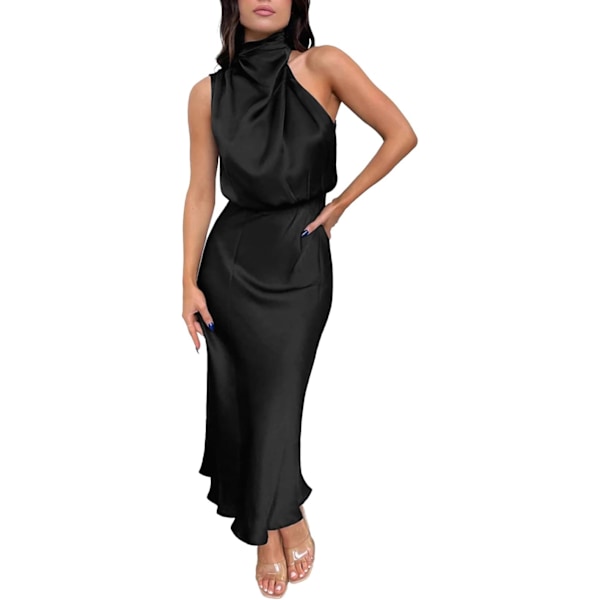 Sexy Kort Satin Kjole til Kvinder, Sommerlig Formel Lang Kjole, Mock Neck, Ærmeløs, Slids i Siden, Flydende Ærmeløs Maxi Skørter, Elegante Kvinders Skørter black S