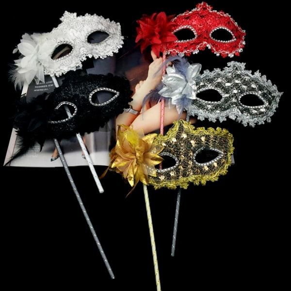Blomma Handhållen Mask Kvinnor Dam Flickor Venetian Princess Masquer Black
