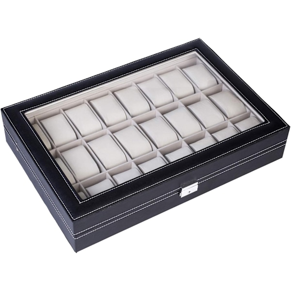 Watchbox-kellolaatikko 24 kellolle, PU-nahka - musta valkoisella ompeleella Black Black