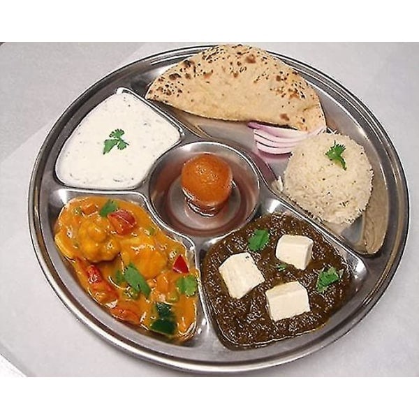 Sett med 4 rustfrie stål, fem roms rund tallerken, Thali, serveringsbrett, middagstallerken