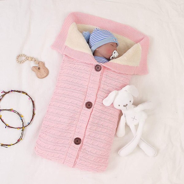 Baby sovepose vinter 0-12 måneder baby sovepose strikket bomuld unisex pige dreng baby sovepose (Pink)