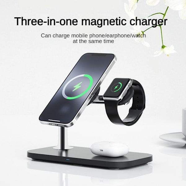 Magnetisk trådlös laddare 3-i-1, 15W skrivbordsställ, snabb trådlös laddning för Apple-hörlurar och klockor Black