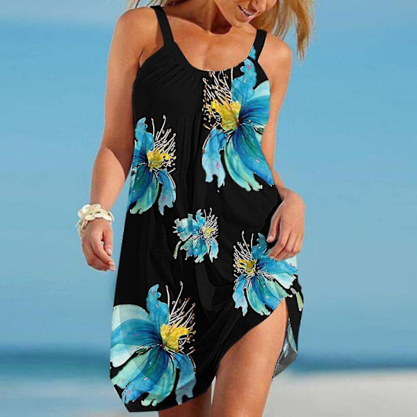 Ærmeløs Blomsterkjole Casual Sommerkjole Mini Tank Kjole Kvinder Strandkjole Qxuan.3XL.Sort